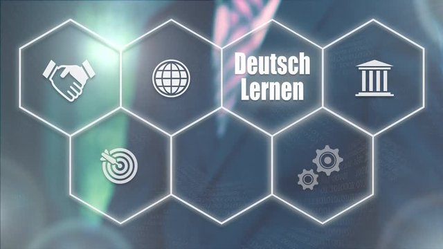 A businessman pressing a Study German "Deutsch Lernen" button in German on a futuristic computer  display