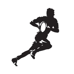 Rugby player running with ball, abstract vector isolated silhouette. Side view. Team sport - obrazy, fototapety, plakaty