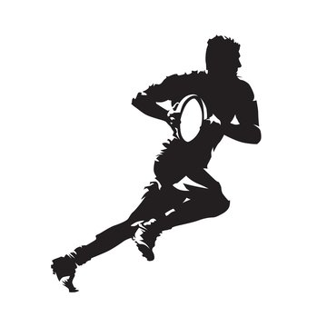 Rugby player running with ball, abstract vector isolated silhouette. Side view. Team sport
