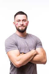 Obraz premium Portrait of England football fan support England national team on white background. Football fans concept.