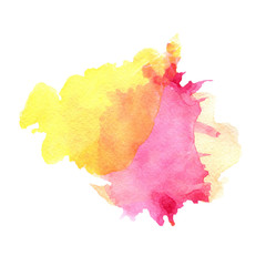 Watercolor pink and yellow stain with blots, paper texture, isolated on a white background