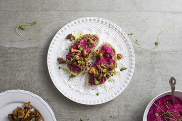 Beetroot Hummus with Wild Mushrooms Sandwich