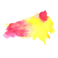 Watercolor red and yellow stain with blots, paper texture, isolated on a white background