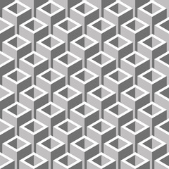 Abstract vector seamless pattern with 3D cubes on simple background. Illustration of gray solid figures. Color image with geometric squares. Hipster filing. Beautiful composition. Cute print.
