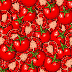 Seamless hand drawn pattern with tomatoes and halves. Natural background for textiles, banner, wrapping paper and other and designs. Vector illustration
