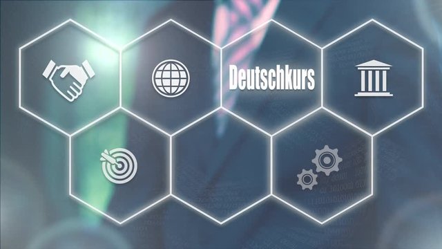 A businessman pressing a German Course "Deutschkurs" button in German on a futuristic computer  display