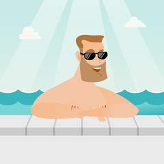 Cheerful caucasian white man relaxing in the swimming pool at resort. Happy smiling man in sunglasses bathing in the swimming pool. Vector cartoon illustration. Square layout.