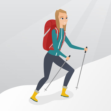 Caucasian white mountaineer climbing a snowy ridge with help of hiking poles. Young mountaineer with a backpack and trekking poles walking up along a ridge. Vector cartoon illustration. Square layout.