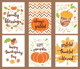Cartoon vector hand drawn Doodle Happy Thanksgiving Day cards. Vertical banners design templates set