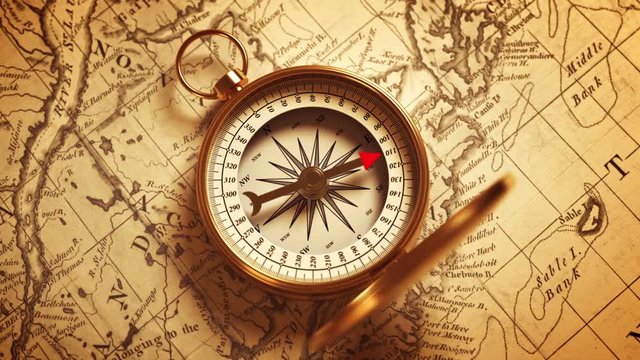 Golden Compass On The Map Indicating Direction. 3D Animation.