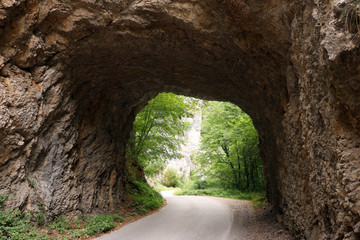 the mountain road passes through a stone tunnel Tara mountain Serbia