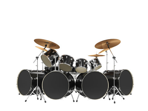 Large, cool, black drum kit. Isolated on white