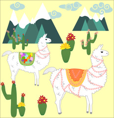 Two Llama, alpaca of white color, with bright saddles on the background of mountains, cacti, clouds