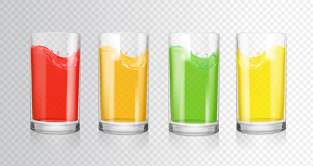 Fruit colored juices. Transparent glasses with fruit drink, red, orange, green, yellow
