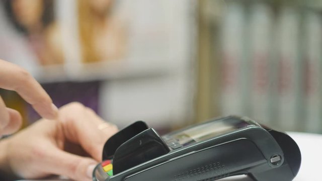 NFC technology. Payment by contactless bank card with NFC chip module