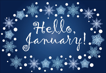 Inscription Hello, January in a frame of snowflakes on a blue background, blizzard