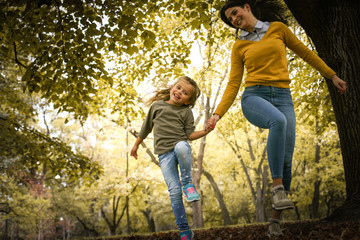 Have fun together outside, Mother and daughter, on the move.