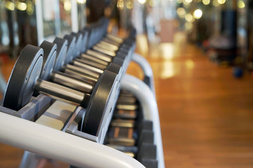Rows of dumbbells in the gym