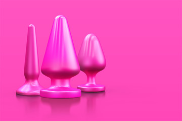 Different bdsm toys - dildo, prostate massager, vibrator, anal plug and others on a pink...