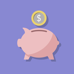 Pink piggy piggy bank and coin or money. A way to save savings. Concept illustration of a bank. Flat vector illustration.