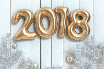 2018 gold balloon text-type -letter white wood leaf new year concept decoration 3d rendering