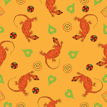 Seamless pattern in ethnic style. The image lizard and geometric shapes on a yellow background.
