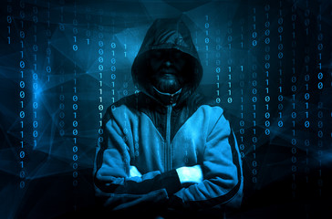 hacker over a screen with binary code. concept of a hacker attack