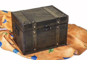 Retro Decorative Treasure Box from Wood. Trunk Chest on white background