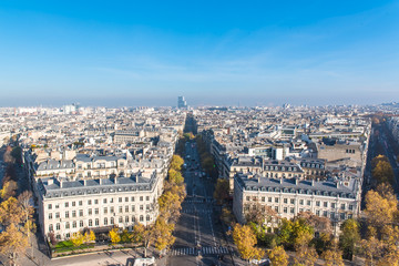 Paris, panorama from Arc de Triomphe, buildings, avenues and monuments, and the new court house in background 
