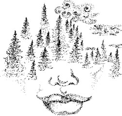 Black and white picture of the face of the spirit. Trees and clouds on the face.