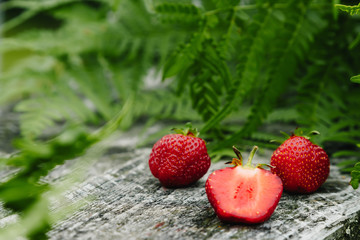 Strawberries on a wooden gray table on a green background, leaves of paparatnik, strawberry season. сopy space for text,