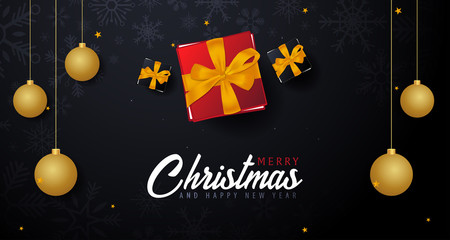 Marry Christmas and Happy New Year banner on dark background. Vector illustration.