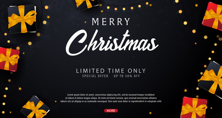 Marry Christmas and Happy New Year banner on dark background. Vector illustration.