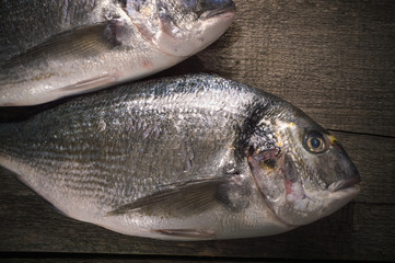 Fresh fish dorado on the on the wooden table. Top view with copy space