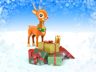 Reindeer with gift boxes. 3d Christmas illustration