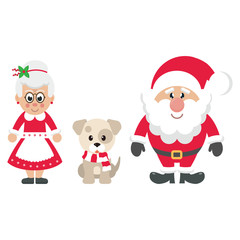 cartoon mrs santa and santa claus with winter dog