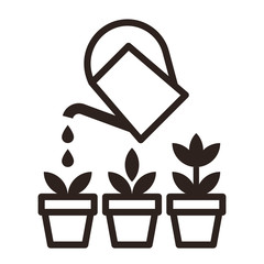Watering can and flowers in pots. Irrigation symbol