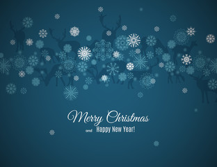 Merry Christmas and Happy New Year greeting card with deers and snowflakes pattern on dark background. Abstract background for Christmas decoration. Vector snowfall illustration