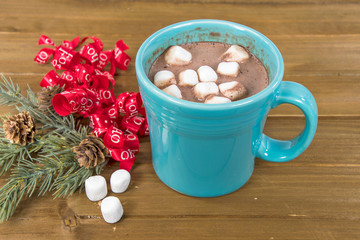 hot chocolate drink and marshmallows in turquoise mug with red Christmas ribbon and pine on rustic wood