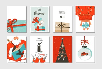 Hand drawn vector abstract fun Merry Christmas time cartoon cards collection set with cute illustrations,surprise gift boxes ,Xmas tree and modern calligraphy isolated on white background