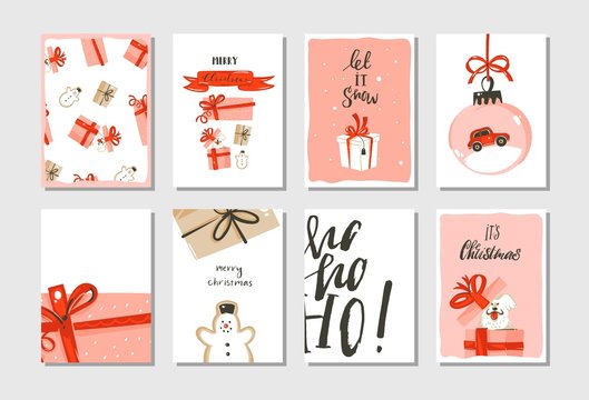 Hand drawn vector abstract big Merry Christmas time and New Year cartoon cards collection set with cute illustrations,surprise gift boxes,dogs and modern calligraphy isolated on white background
