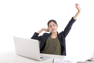 Asian Woman have a break when finish to work, Woman working concept, Isolated on white background.