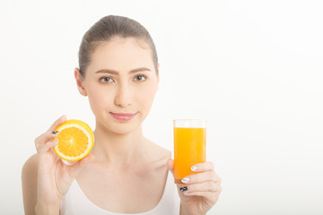 Portrait of smiling Beautiful woman with prange juice. isolated on white background. Woman Healthy Concept.