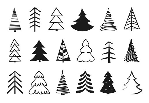 Hand drawn Christmas tree silhouettes. Black isolated christmas trees on white background.