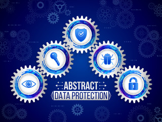 Digital technology protection concept. Global network security on the blue background. Abstract safety mechanism which is made of gears, icons eye, key, shield, hacker bug and padlock.
