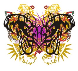 Colorful ornate butterfly splashes. Tribal abstract tropical butterfly formed by linear eagle forms against the background of jaguar elements, a star and the twirled decorative elements