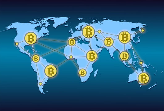 World map with world network and crypto currency bitcoin