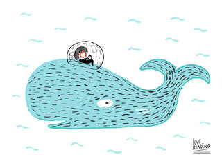 Love Reading. Girl reading a book on a whale under the sea, hand drawn vector illustration