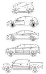 Fototapeta na wymiar Set of cars side view different colors. Hatchback sedan truck suv car icon detailed. Vector illustration.