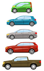 Set of cars side view different colors. Hatchback sedan truck suv car icon detailed. Vector illustration.